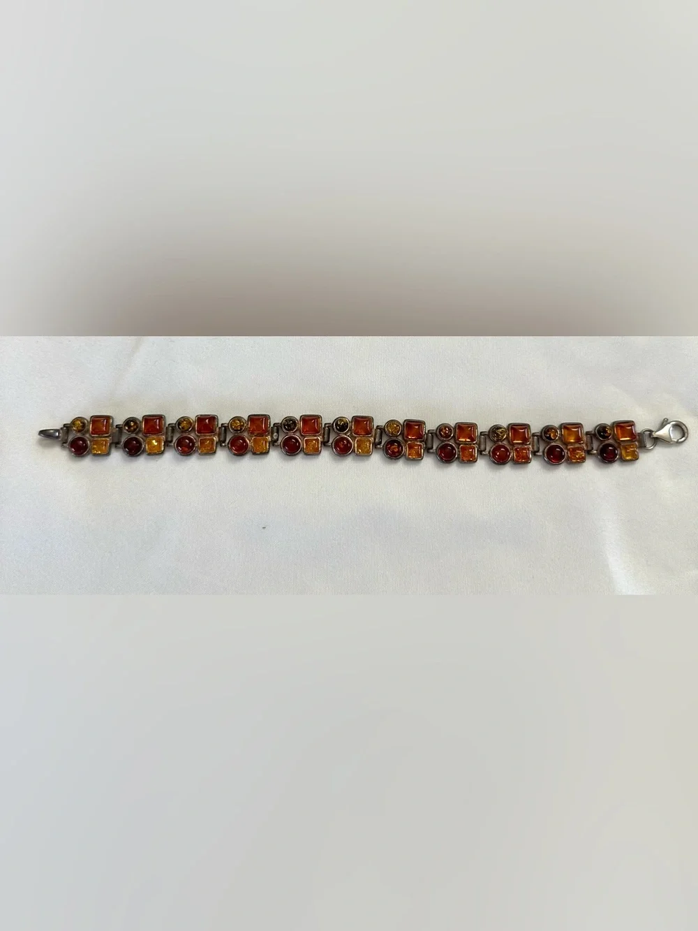 925 Sterling Silver Baltic Amber Geometric Link Bracelet 7.25”
